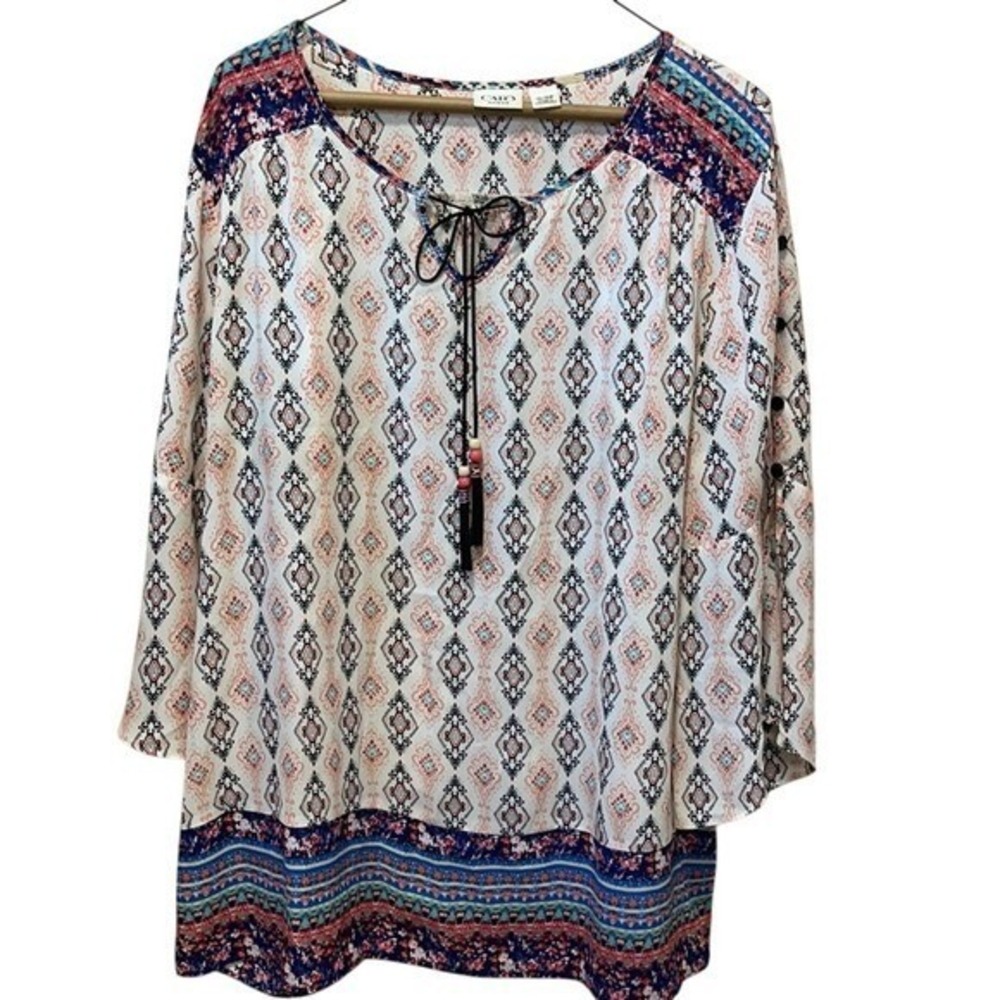 Cato Blouse Womens 14/16W Tassel Boho Geometric Blue Orange Bell Sleeve Top Plus